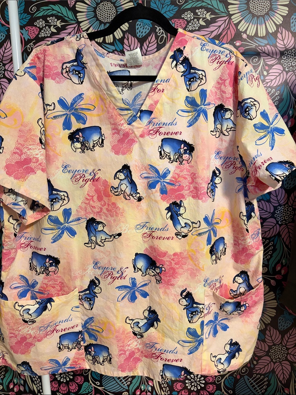 Disney Pink Blue Eeyore & Piglet Scrub Top
